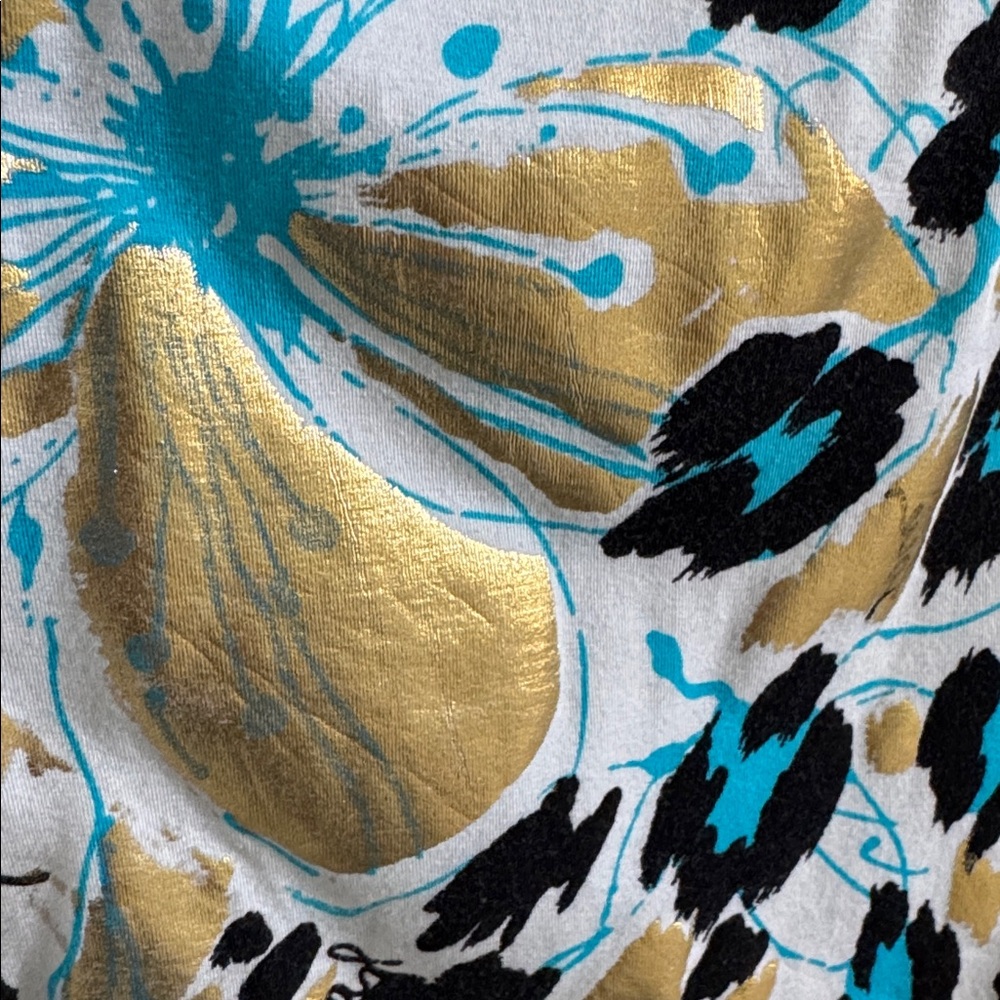 Caché Vintage Rare Multicolor Animal Print Top w/ Gold Metallic Embellishments - Picture 9 of 11